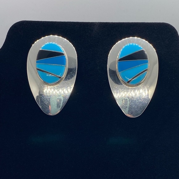 Sterling Silver Block Multi Stone Inlay Post Earrings SIGNED turquoise Navajo - Picture 3 of 16